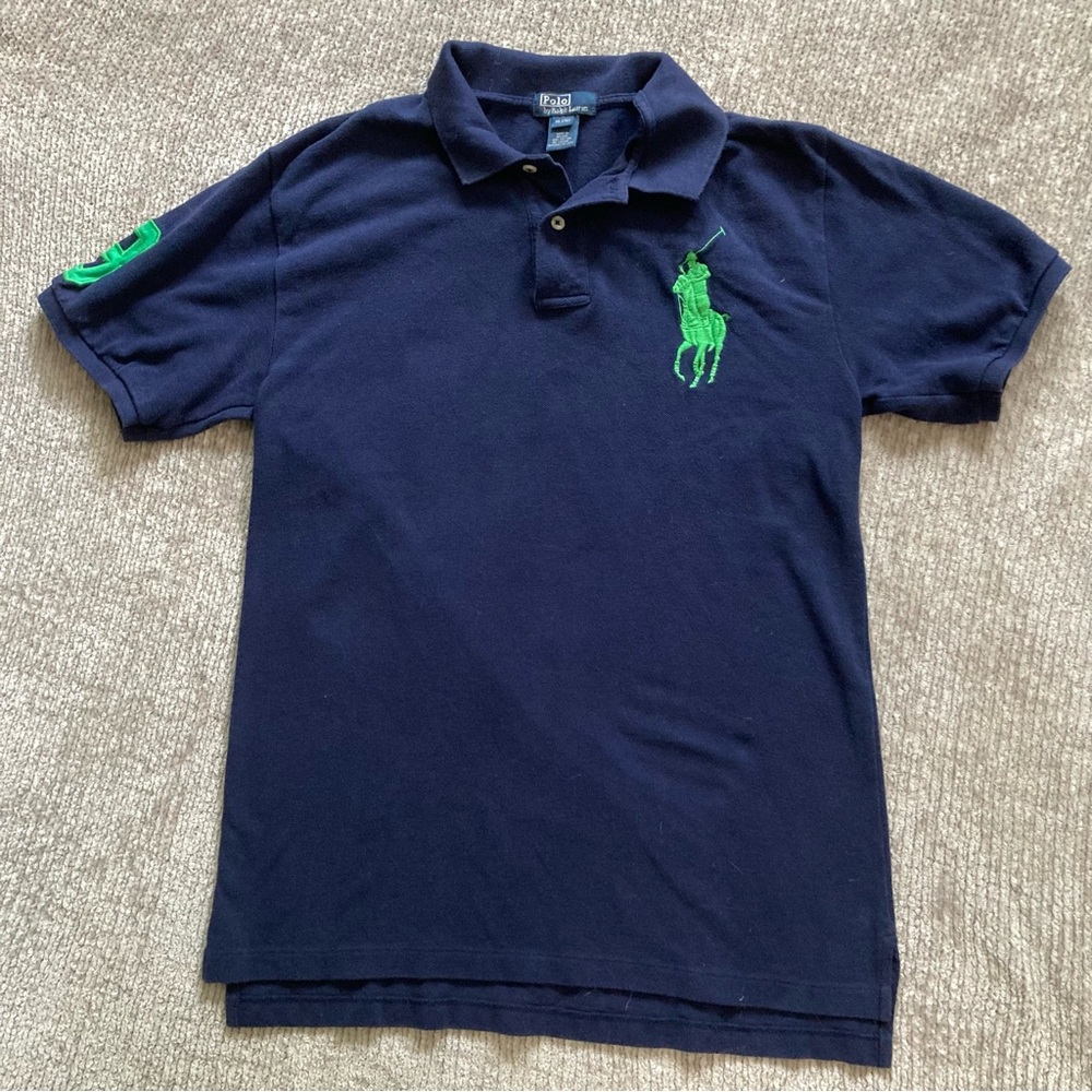 Ralph Lauren Boys XL Navy Polo Shirt Green Big Pony Logo & 3 Patch Classic
